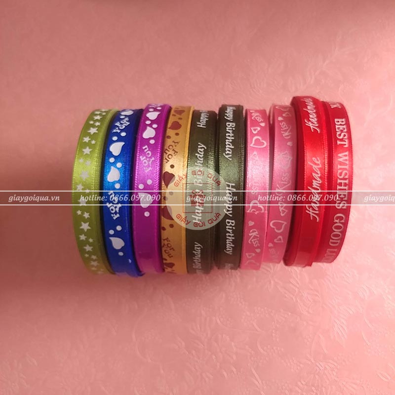 Ruy băng lụa 1cm in hình, chữ