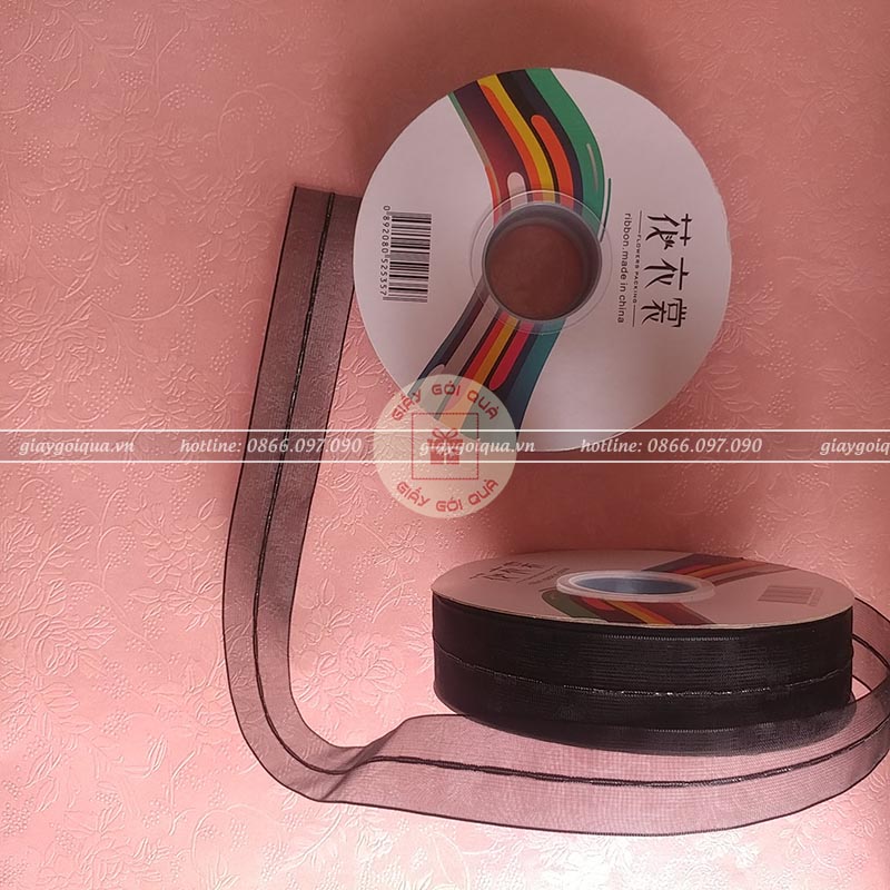 Ruy băng voan Thái 3cm đen chỉ giữa