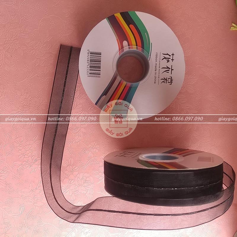 Ruy băng voan Thái 3cm đen chỉ giữa